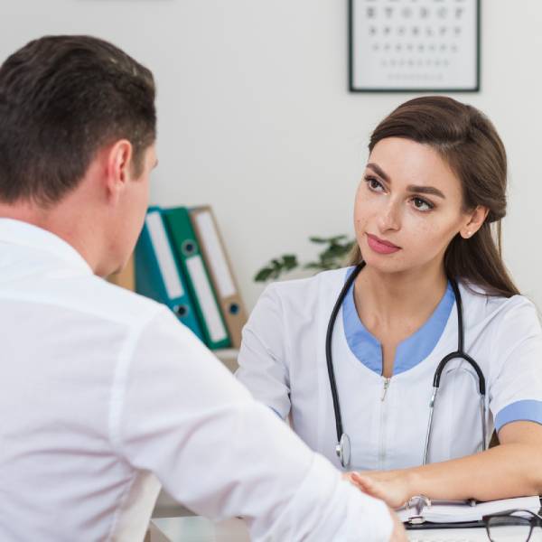 Male patient talking with beautiful doctor Male patient talking with beautiful doctor